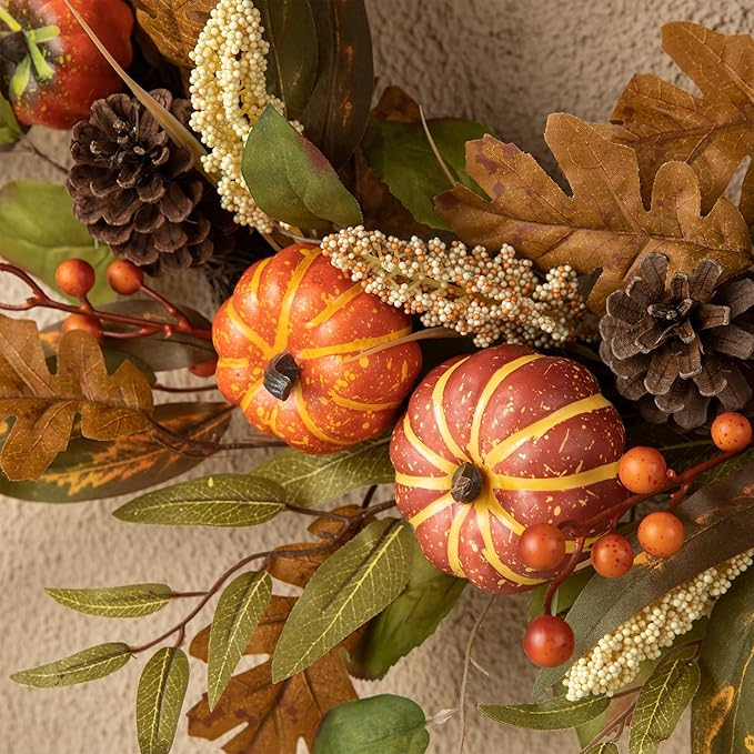 Glitzhome 24''D Fall Pumpkin Leaf Floral Wreath Decor, Artificial Harvest Door Wreath for Autumn or Thanksgiving Decoration-Ruum Studio Home
