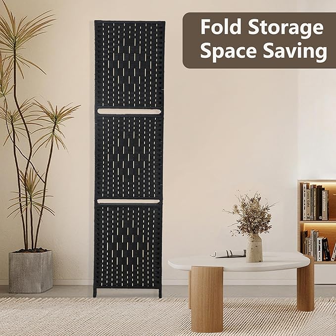 Room divider 4 panel Room Screen Divider Wooden Screen Folding Portable Partition Screen Wood with Removable Storage Shelves Color,Black-Ruum Studio Home