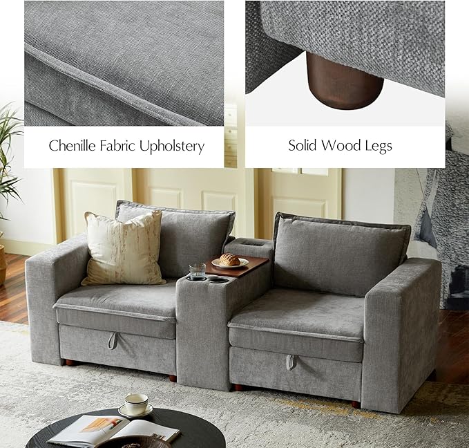 HULALA HOME 88" Loveseat Sofa with USB Port and Console, Oversized 2 Seater Sofa with Storage Ottoman, Comfy Upholstered Loveseat Couch for Living Room Bedroom, FSC Certified, Grey-Ruum Studio Home