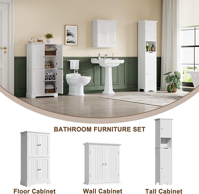 ChooChoo Bathroom Floor Cabinet, Modern Bathroom Storage Cabinet with 4 Doors and Adjustable Shelves, Freestanding Cupboard for Living Room, White-Ruum Studio Home