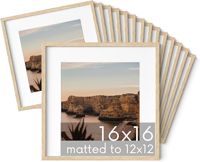 HAUS AND HUES Square Picture Frames 16 x 16 Set of 15 - Photo Gallery Wall Frame Set, Wood 16x16 Frames, 16 x 16 Frames Gallery Wall Set, 16x16 Frame with Mat, Square Frames 16x16 (Beige Oak Frames)-Ruum Studio Home