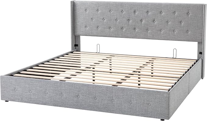 Allewie King Size Lift Up Storage Bed, Button Tufted Headboard with Wingback, Hydraulic Support, No Box Spring Needed, Light Grey-Ruum Studio Home