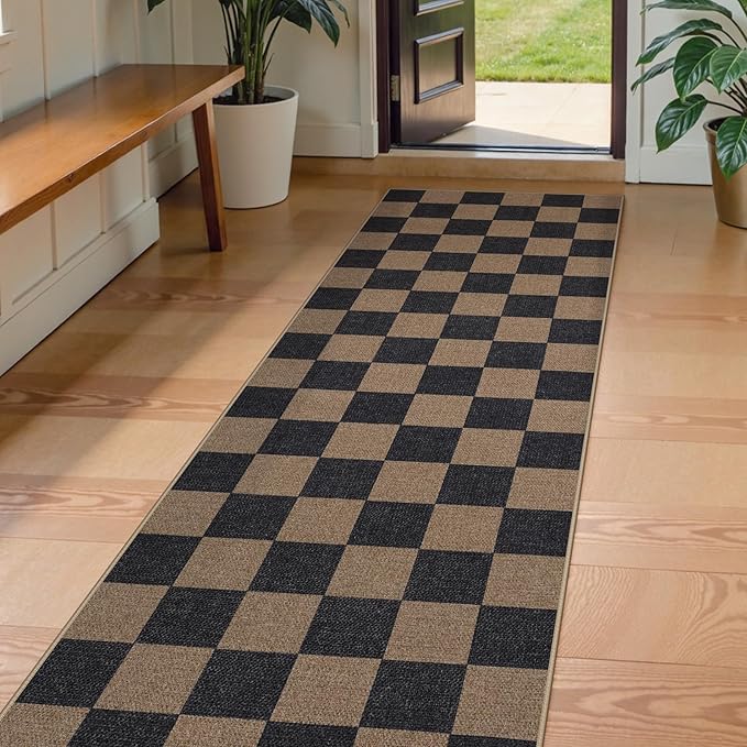 Lahome Checkered Easy Jute 2x8 Runner Rug, Washable Kitchen Runner Rug Non Slip for Entryway Indoor, Checkerboard Black Indoor Outdoor Carpet for Hallway 8ft Entry Laundry Porch-Ruum Studio Home