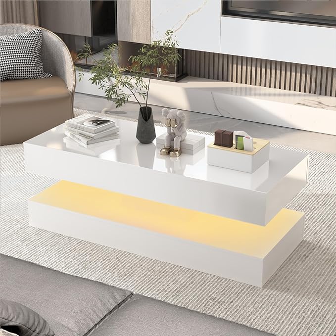 Uspeedy 47.3IN High Glossy LED Coffee Table,APP LED Lights,Black/White, Modern Furniture for Living Room (White)-Ruum Studio Home