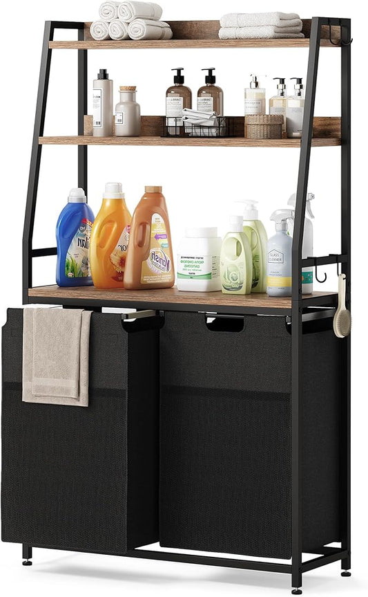 Lulive Double Laundry Hamper with Shelf, Laundry Basket with 3 Tier Storage Shelves & 4 Removable Hooks, Tall Laundry Sorter Clothes Hamper with Pull-Out Bags for Bathroom, Laundry Room-Ruum Studio Home