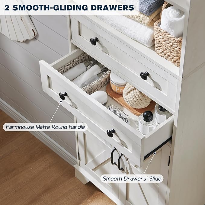 72" Tall Bathroom Storage Cabinet, Farmhouse Storage Cabinet with 2 Drawers, Adjustable Shelves & Barn Door, Cabinet for Bathroom, Living Room, Kitchen, Off White-Ruum Studio Home