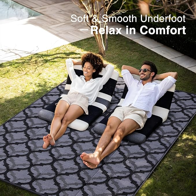OLANLY Reversible Outdoor Rug 9x12 ft Clearance, Waterproof Outdoor Plastic Straw Rug with Interlacing Pattern, RV Mat for Patio, Camping, Balcony, Deck, Backyard, Black & Grey-Ruum Studio Home