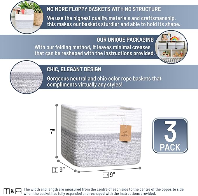 NaturalCozy Storage Cubes 9”x9”x7”Cotton Rope Woven Baskets for Organizing 3-Pack | 9 Inch Cube Storage Bin | Small Basket for Shelf Nursery, Pantry, Decorative Plant, Bathroom Closet, Toy Gift-Ruum Studio Home