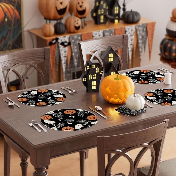 XCHI Boo Spooky Ghost Pumpkin Halloween Round Placemats Set of 4 Table Mats Table Decorations 14x14 Inch-Ruum Studio Home