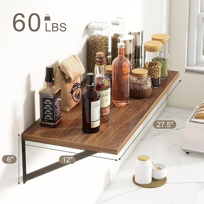 Fun Memories 27.5" W x12 D Floating Shelves, Large Wall Shelves 27.5 Inch Long, Set of 2, Farmhouse Wood Floating Shelf Wall Mounted, Deep Shelves for Bathroom, Living Room, Kitchen, Walnut Color-Ruum Studio Home