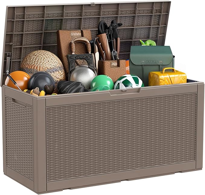100 Gallon Resin Deck Box, Lockable Patio Outdoor Storage Box for Furniture, Garden Tools and Tools Storage, Waterproof Outside Storage Box - Grey-Ruum Studio Home