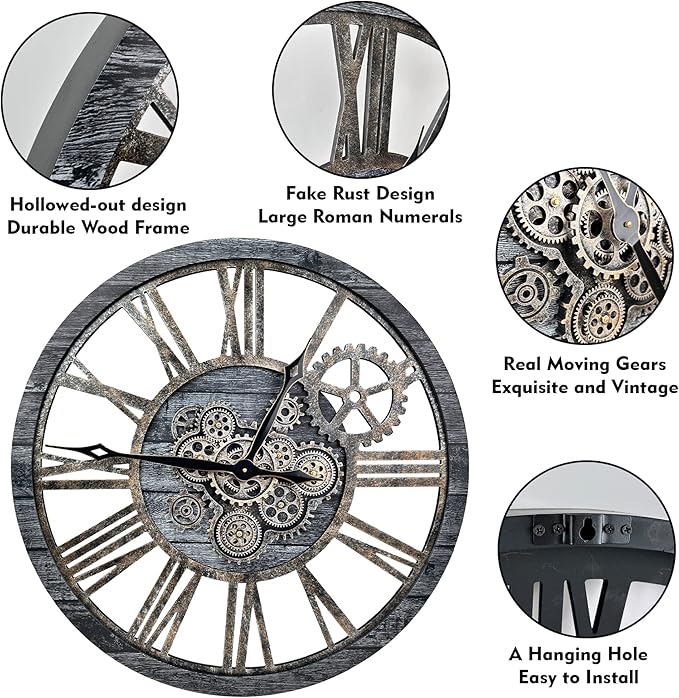 The B-Style Large Real Moving Gears Wall Clock 30 inch Rustic Retro Industrial Farmhouse Wood Clock Oversized Decorative Vintage Wall Clocks for Living Room (Carbon Gray)-Ruum Studio Home