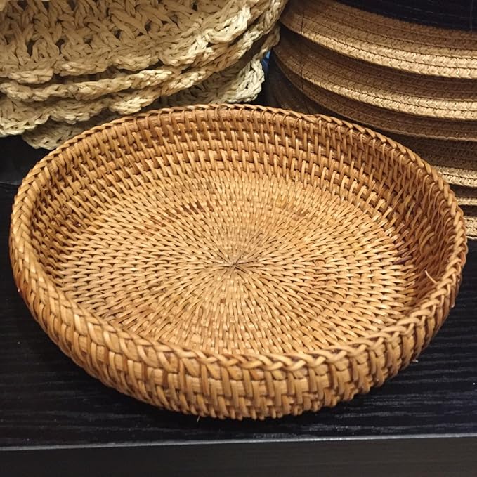 Hadewoven Round Rattan Fruit Basket Wicker Food Tray Weaving Storage Holder Dinning Room Bowl, 7”Decorative Natural Basket Woven Fruit Basket Bowl for Entryway Table, Countertop (Small 7”)-Ruum Studio Home
