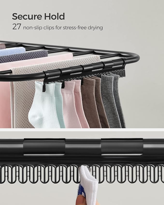 SONGMICS Clothes Drying Rack, Foldable 2-Level Laundry Drying Rack, Free-Standing Laundry Airer, with Height-Adjustable Wings, 33 Drying Rails, Sock Clips, Black ULLR053B01V1-Ruum Studio Home