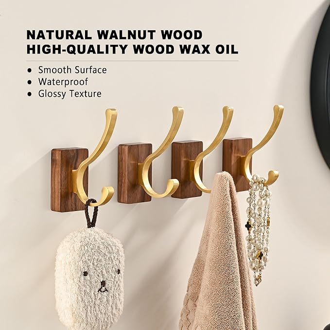 4 Pack Wooden Wall Hooks for Hanging, Adhesive Mounted & Wall Mount Nature Wood Coat Hook for Towel Clothes Blanket Hat Backpack Robe Nursery Door Board Entryway Key Holder Brushed Gold-Ruum Studio Home