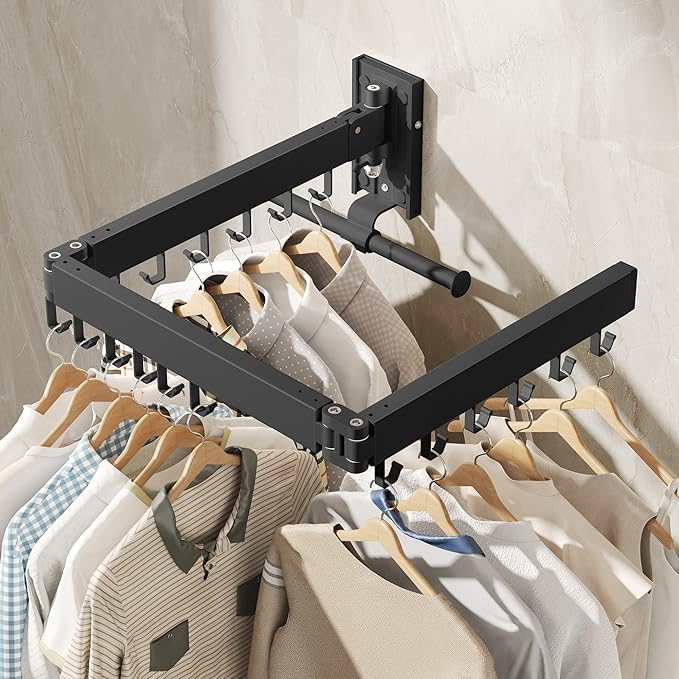 Drying Rack Clothing, Retractable Clothes Drying Rack,Wall Mounted Laundry Rack, Laundry Drying Rack Wall Mount,Collapsible Clothes Rack,can Fold Upward & Left & Right,Black Color-Ruum Studio Home