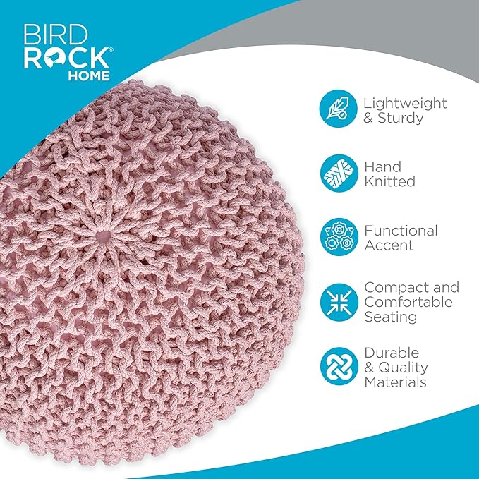 BIRDROCK HOME Round Pouf Ottoman | Cotton Braided Foot Stool with Bean Bag Filling | Boho Foot Rest for Living Room & Bedroom | Compact & Comfortable Seating, Lightweight & Soft | Dusty Rose-Ruum Studio Home