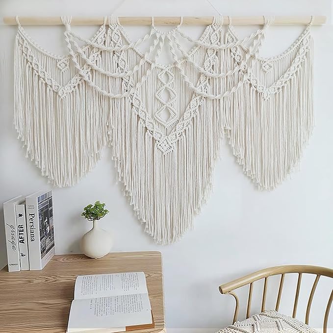 Achart Macrame Wall Hanging Large- Boho Wall Decor- large wall art- Wall Decor Living Room- Macrame Tapestry Boho Decor for Bedroom (Beige-Fringe)-Ruum Studio Home