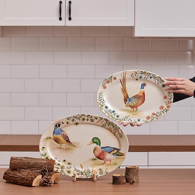 Bico Autumn Birds 16 plus 14 inch Oval Platters Set, Set of 2, Microwave and Dishwasher Safe, for Serving Fish, Chicken, Turkey-Ruum Studio Home