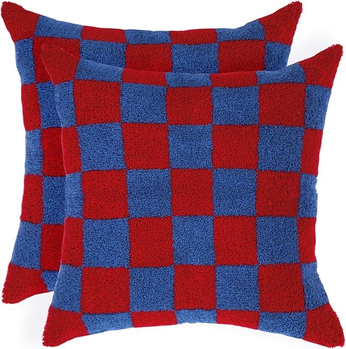Alysheer Checkered Embroidered Decorative Throw Pillow Covers 18"x 18" Set of 2, Classic Chic Red Blue Plaid Tufted Patterned Cotton Canvas Cushion Case for Sofa Couch Bed Living Room-Ruum Studio Home