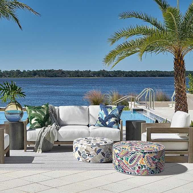 LVTXIII Indoor/Outdoor Inflatable Ottoman, D31 x H14 Inch Large Round Ottoman, All Weather Foot Rest Stool, Portable Footrest for Patio, Garden, Camping and Home - Vigour Paisley-Ruum Studio Home
