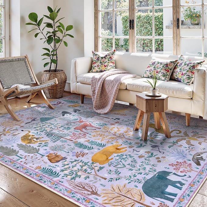 OJIA Animal Print Washable Rug 5x7 Area Rugs for Nursery, Soft Kids Bedroom Rug Ultra-Thin Non-Slip Modern Living Room Carpet, Stain Resistant Throw Carpet for Office Dining Room-Ruum Studio Home