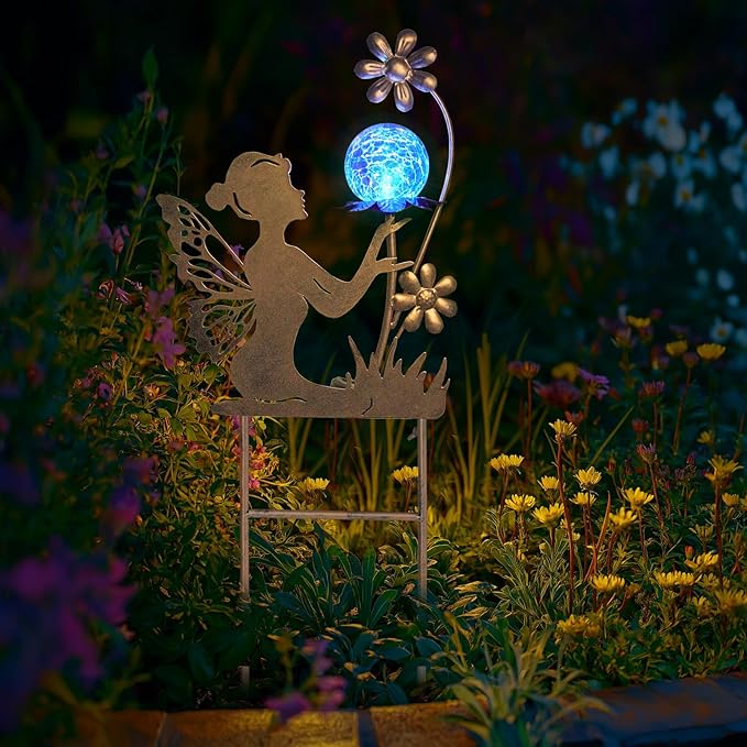 HONGLAND Solar Garden Lights Outdoor Decor, Fairy Figurine Moon Crackle Glass Lights Stake, Housewarming Ornament for Patio, Lawn, Yard, Pathway - Unique Gardening Gifts for Women Mom Grandma-Ruum Studio Home