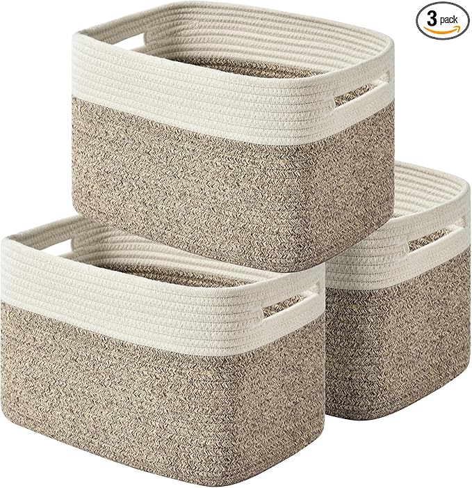 Storage Basket,Woven Baskets for Storage,Cotton Rope Baskets for Organizing,book Basket,towel,Toy Basket or Storage Bins for Living Room - 3 Pack,Brown-Ruum Studio Home