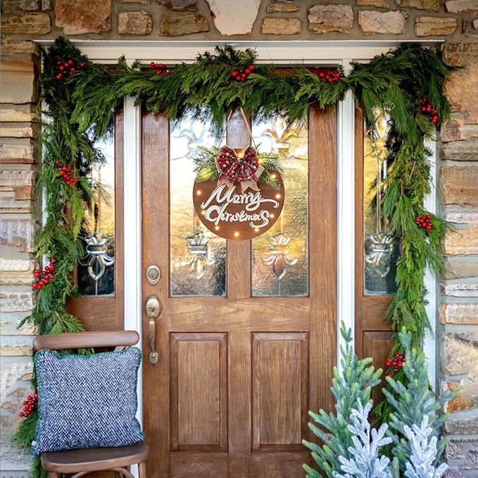 HOMCDALY Merry Christmas Sign for Front Door, Wooden Hanging Sign Door Decoration with 12 LED Light, Winter Welcome Wreath indoor outdoor Décor, Christmas Decoration.-Ruum Studio Home