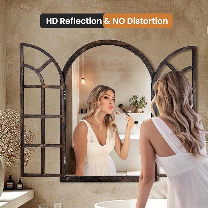 Arched Wall Mirror with Window Design, 38"x26" Rustic Farmhouse Wood Mirror for Wall Decor, Decorative Vintage Arch Mirror for Living Room, Bedroom, Entryway-Ruum Studio Home