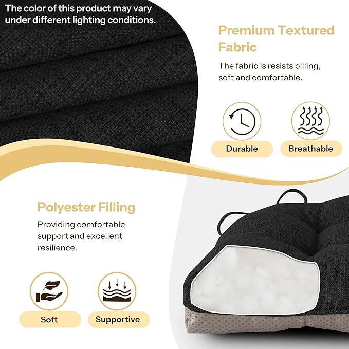 Non Slip Chair Cushions for Dining Chairs Set of 4 Kitchen Chair Cushions 18"x18"x3" Turfted Chair Pads Comfortable and Soft Seat Cushion with Ties, Black-Ruum Studio Home