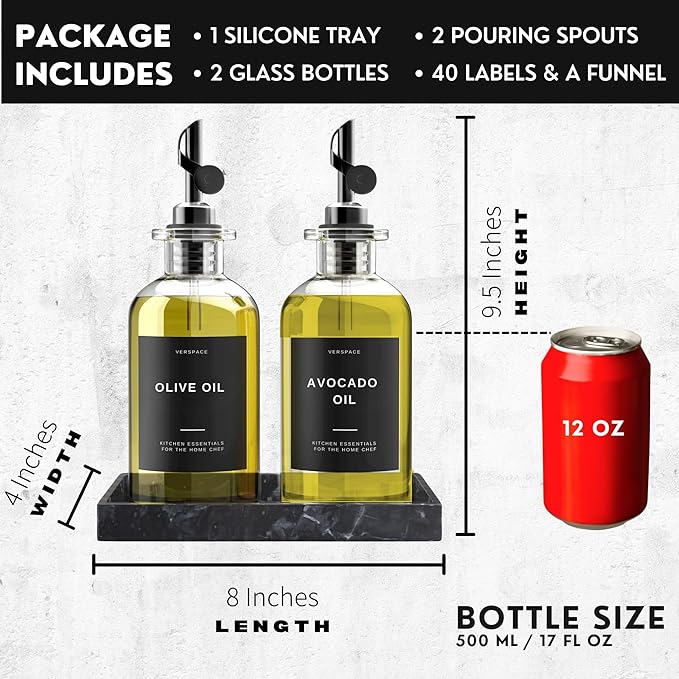 Olive Oil Dispenser Set With Silicone Tray & 40 Labels - 2 Black Bottles (500ml / 17oz) for Kitchen, Soy Sauce, Coffee Syrup-Ruum Studio Home