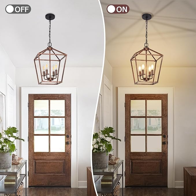 Chandelier for Dining Room, 4-Light Rustic Chandelier Fixtures, Vintage Ceiling Light with Adjustable Height, Antique Bronze Geometric Hanging Light for Bedroom, Foyer, Kitchen, Living Room, Entryway-Ruum Studio Home