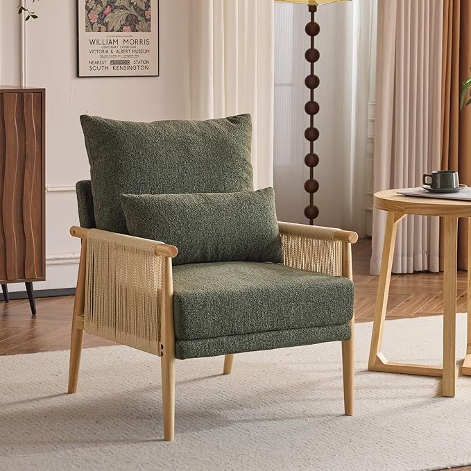 VINGLI Boho Braid Accent Armchair,Mid-Century Modern Chiar with Solid Wooden Armrest,Comfy Louge Cushion Chair with Waist Pillow for Bedroom,Living Room,Reading Room, Dark Green-Ruum Studio Home
