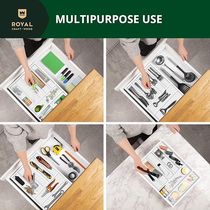 ROYAL CRAFT WOOD Luxury Bamboo Kitchen Drawer Organizer - Silverware Organizer - Utensil Holder and Cutlery Tray with Grooved Drawer Dividers for Flatware and Kitchen Utensils (7 Slot, White)-Ruum Studio Home