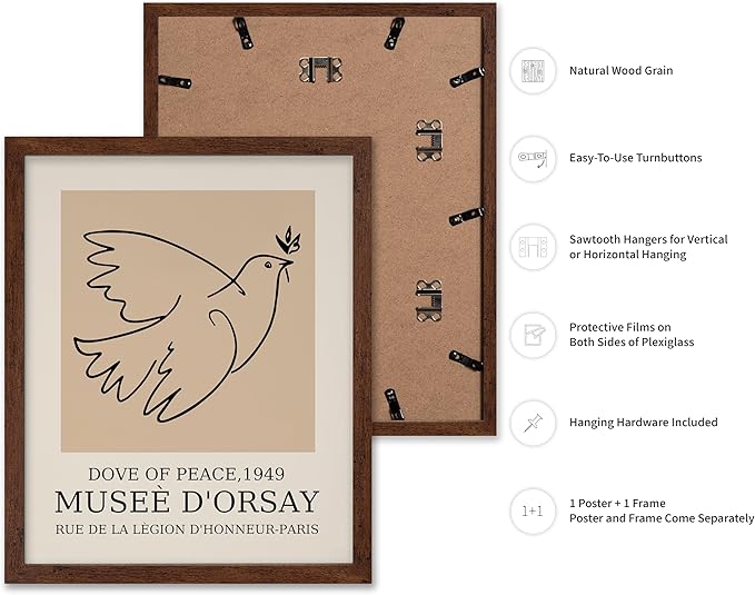 Poster Master Vintage Poster - Retro Minimalist Print - Gift for Artist, Friend - Dove Of Peace, Line Drawing, Sketch, Abstract - Wall Decor for Living Room, Bedroom, 16x20 Brown Framed-Ruum Studio Home