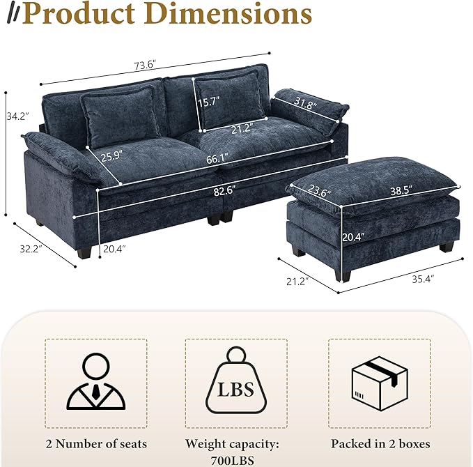 URRED Modular Sectional Sofa Comfy Cloud Couch, Modern Chenille Sofa Sleeper Deep Seat Couches with Ottoman/Pillows for Living Room (Blue, 82.6''- L Shape)-Ruum Studio Home