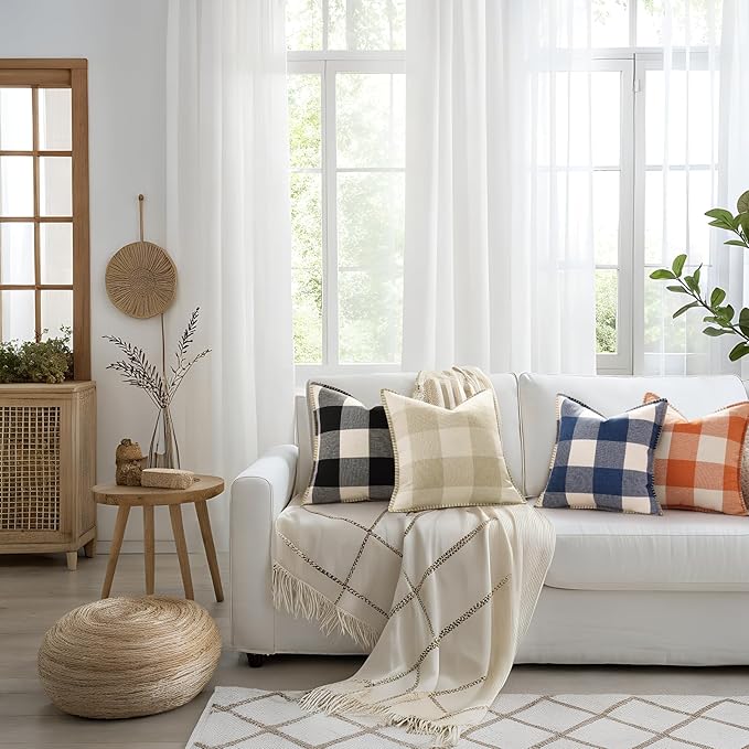 decorUhome Buffalo Plaid Check Throw Pillow Covers 18x18 Set of 2, Outdoor Decorative Farmhouse Neutral Pillow Covers with Stitched Edge for Bed Couch Sofa, Black and White-Ruum Studio Home