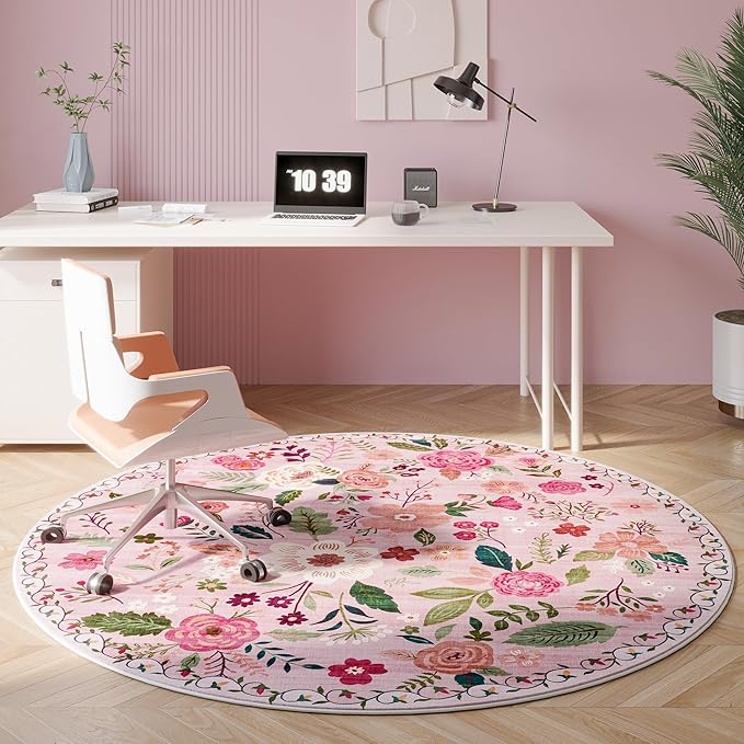 Round Rug 4ft Washable Circle Rug Non Slip Low Pile Boho Floral Small Circular Rug for Bedroom, Bathroom, Entryway, Kids Room, Office, College Dorm(Pink)-Ruum Studio Home