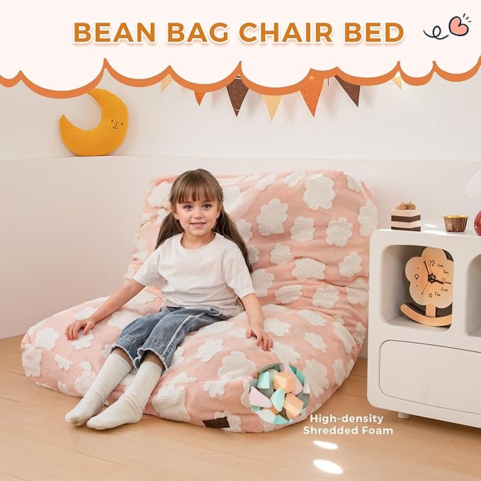 MAXYOYO Bean Bag Chair Bed for Kids, Convertible Bean Bag from Lazy Chair to Floor Bed, Fresh Cloud Design Cover, Stuffed Floor Sofa Couch for Boys and Girls, High-Density Foam Filling, Pink-Ruum Studio Home
