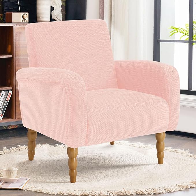 Chenille Fabric Accent Chair, Upholstered Armchair with Solid Wood Legs, Modern Living Room Accent Chair, Comfy Single Sofa Chair Reading Club Chair for Bedroom Reception Lounge, Pink-Ruum Studio Home