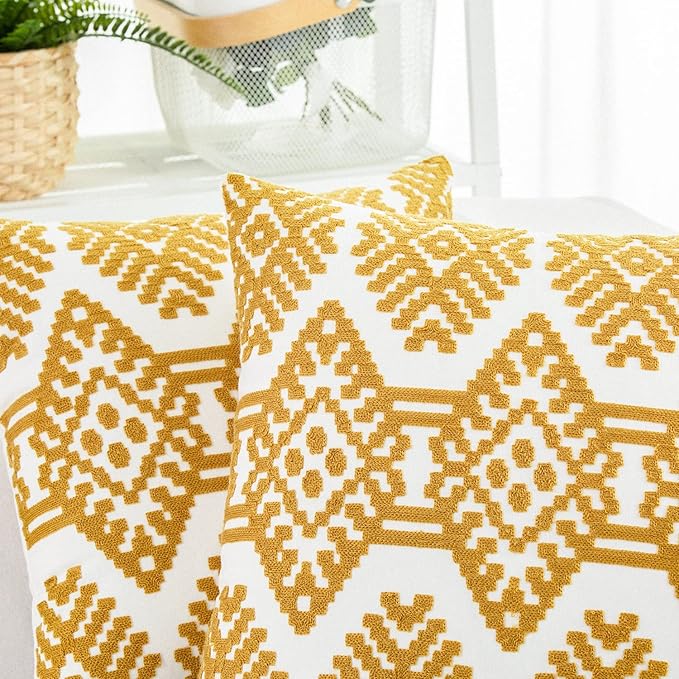 HWY 50 Mustard Yellow Decorative Throw Pillow Covers 18x18 Inch, Pack of 2 Embroidered Cotton Farmhouse Cushion Cover Pillow Case for Sofa Couch Living Room Bed Bedroon, Modern Diamond Geometric-Ruum Studio Home