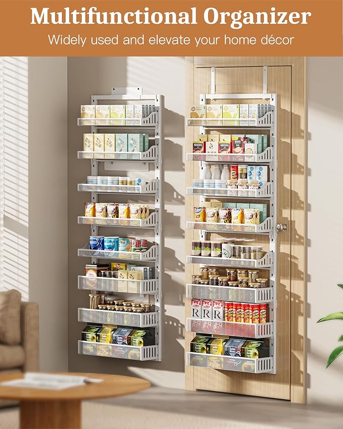 Over the Door Pantry Organizer 8-Tier, Large Metal Door Spice Rack with Adjustable Basket, 2 in 1 Wall Mount or Hanging Heavy-Duty Pantry Door Storage Shelf for Kitchen and Bathroom, White-Ruum Studio Home