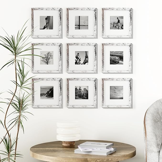 Vittanly 8x8 Picture Frames Set of 9, Shatter Resistant Plexiglass, Display 4x4 Pictures with Mat or 8x8 without Mat, Photo Frames for Wall Mount, Engineered Wood, Distressed White-Ruum Studio Home