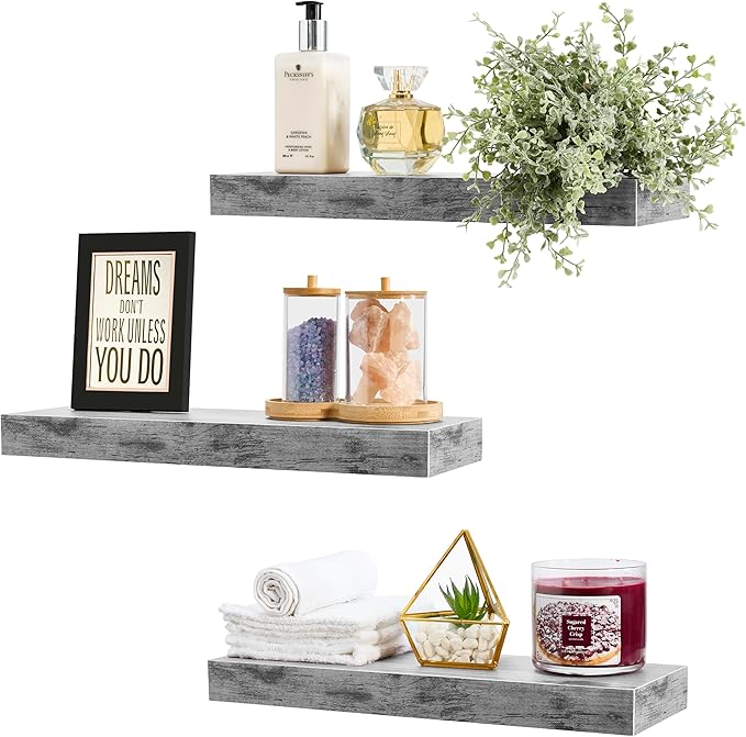 Sorbus Floating Shelves for Wall, Bathroom Shelves Wall Mounted for Kitchen, Bedroom, Bathroom Storage Over Toilet, Hanging Book Shelf for Wall Home Decor Living Room (Gray, 3 Pack)-Ruum Studio Home