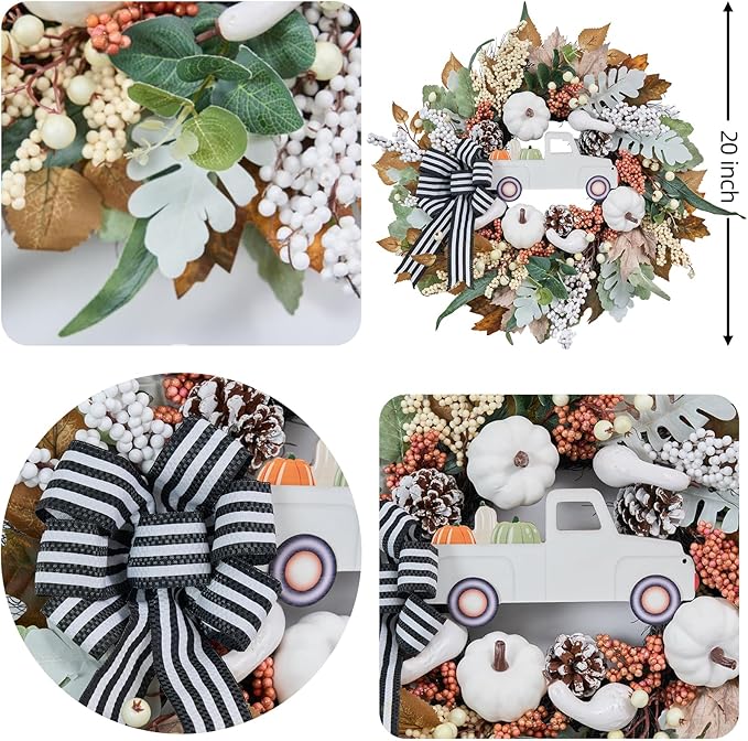 Fall Wreath for Front Door,20 inch White Pumpkin Door Wreath with Truck and Bow, Harvest Porch Decor, Fall Decoration Indoor Outdoor,-Ruum Studio Home