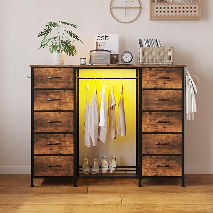 LUMTOK 55W 2-in-1 Dresser with Hanging Rack, 10 Drawers Dresser for Bedroom,Dressers with Fabric Drawers,LED Lights, Charging Station and Hanging Racks for Bedroom (Rustic Brown)-Ruum Studio Home