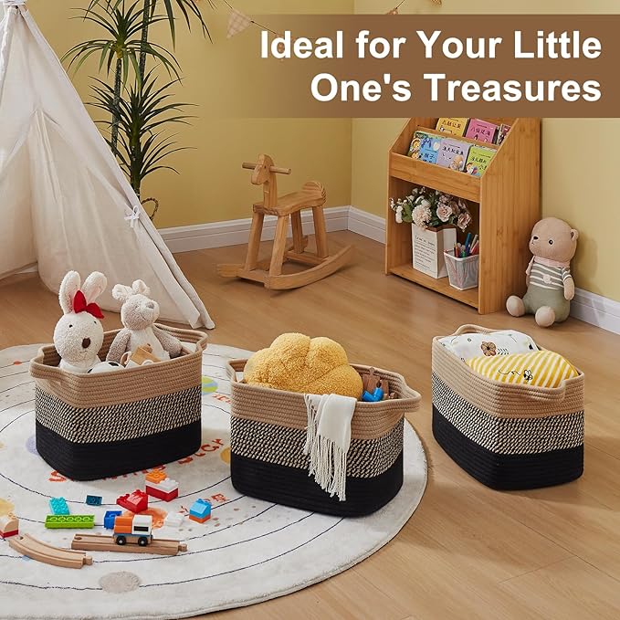 Storage Basket for Organizing, Woven Baskets for Storage, Rectangle Decorative Baskets for Shleves, Closet, Toys, Books, Nursery Organizer Bins - Pack of 3 (Black & Brown)-Ruum Studio Home