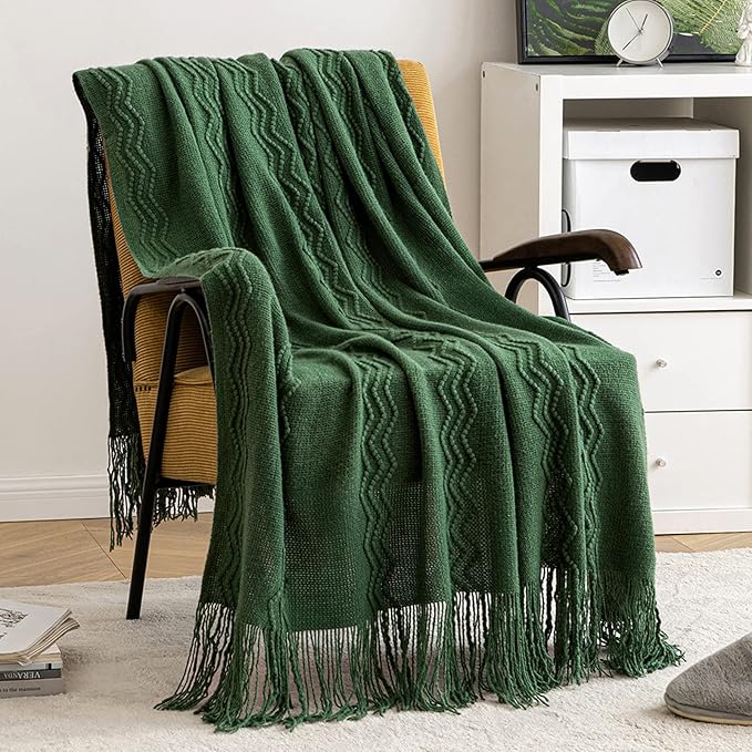 MIULEE Dark Green Knitted Throw Blanket for Couch Boho Textured Cozy Woven Blanket with Tassels for Sofa Chair Bed Living Room Acrylic Wave Pattern 50"x60"-Ruum Studio Home