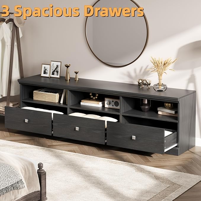 IDEALHOUSE 70in TV Stand for TVs up to 80", Mid Century Modern Entertainment Center with Storage Drawer and Open Shelves, TV Console Media Cabinet for Living Room, Bedroom, Black-Ruum Studio Home
